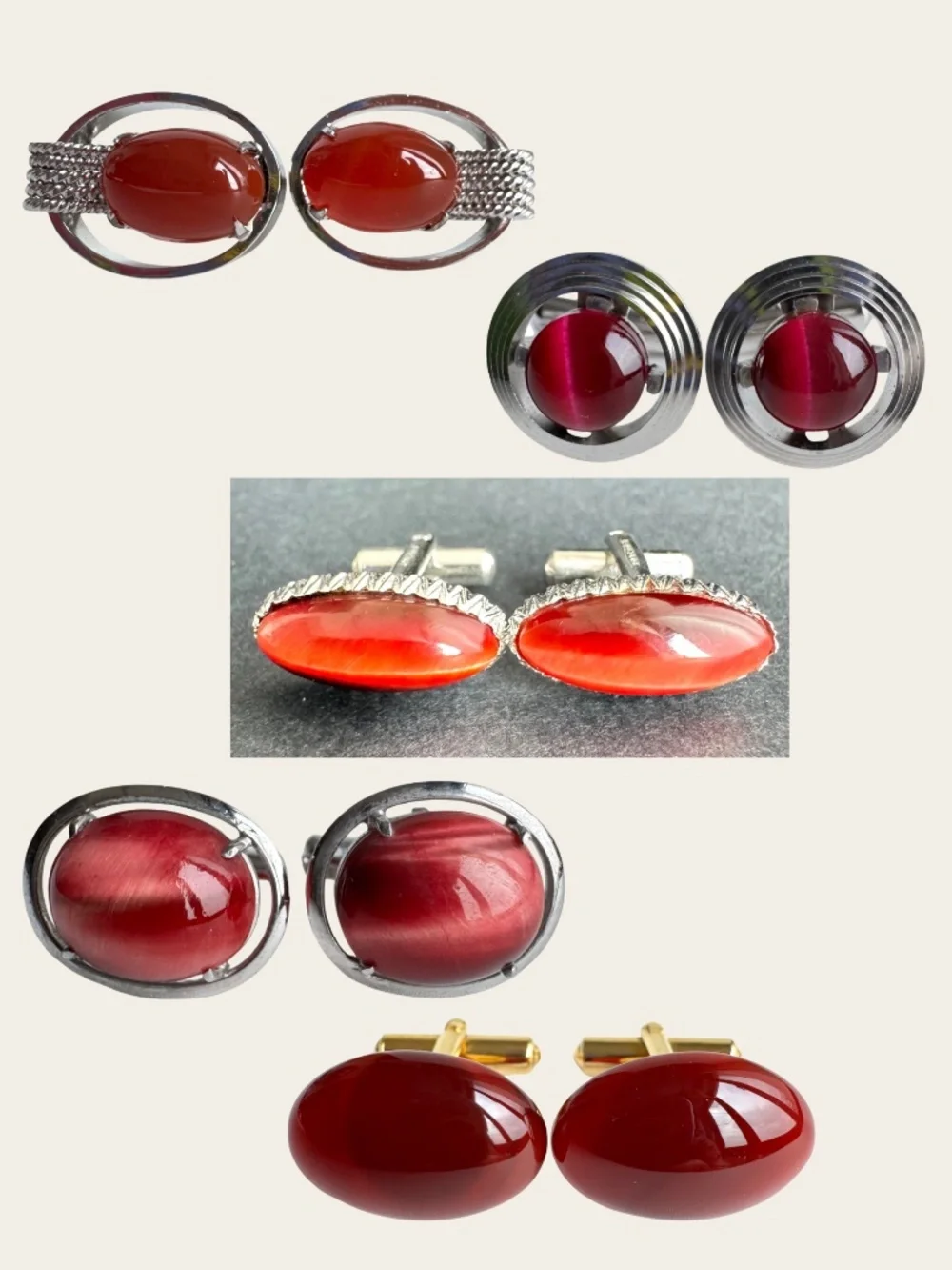 Vintage Red Oval Cufflinks Lot 5 Pairs Cabochon Mens Formal Jewelry Groom Gift